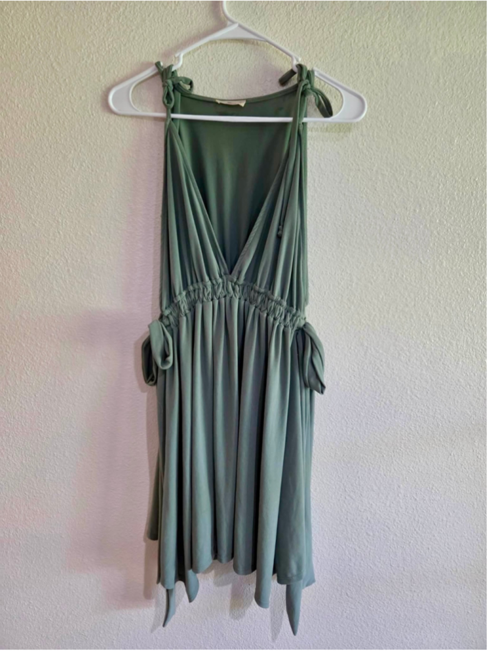 Hummingbird Convertible Deep V Tie Strap Smocked Empire Dress Sage Green Medium
